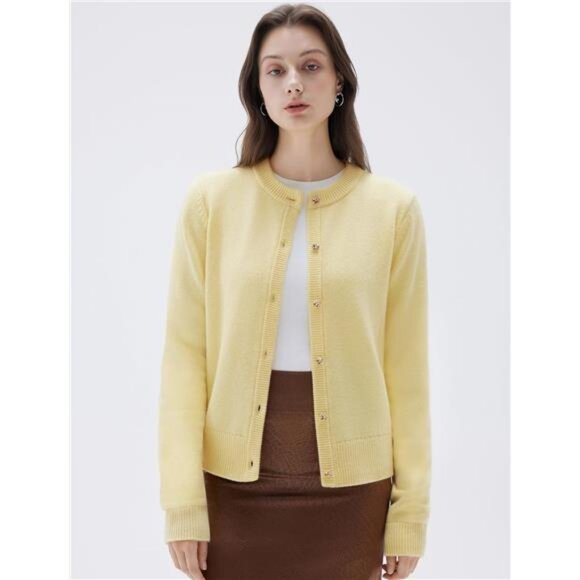 Women Chunky Cashmere Cardigan Sweaters Trendy Light Yellow - Picture 2 of 5